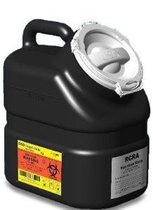 Sharps Container RCRA Waste Container BD™ 10-1/2 H X 7-1/2 W X 12 L Inch 3 Gallon Black Base / White Lid Vertical Entry Hinged Snap On Lid 1 Piece Plug Top (1/EA 12/CS) by BD  ID 305066